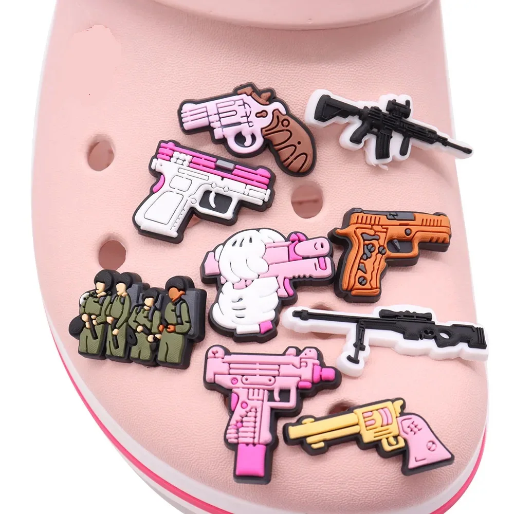 Mix 50pcs PVC Shoe Charms Cartoon Gun Hand Soldiers Buckle Clog Fit Wristband Garden Shoes Button Decoration Slipper Accessories