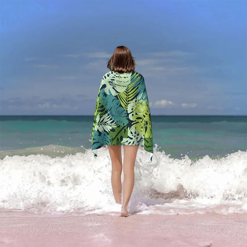 Beach Towel Tropical Leaves Pattern Sun Protection Windproof Suitable for Swimming Pool Camping Travel Blanket