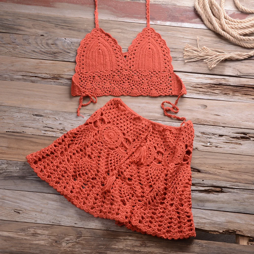 2023 New Crochet 2 Pieces Summer Holidays Beach Cover-ups Sexy women Bra Top+Mini A-line Skirt Bikini Cover up Beach wear Female
