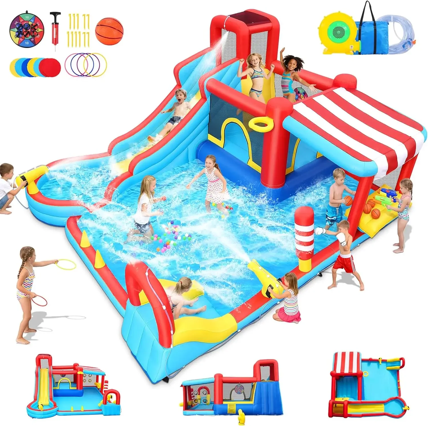 

AKEYDIY Inflatable Water Slide, 18 in 1 Water Park Bounce House for Big Kids, Bouncy House with Dual Slides,Big Splash Pool,Wate