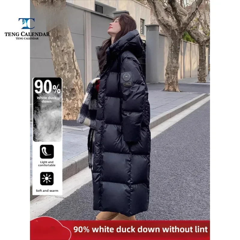 Black Gold Long Down Jacket, Hooded Loose Knee High Duck Down Thick Warm Jacket, Women's Winter 2024 New Model