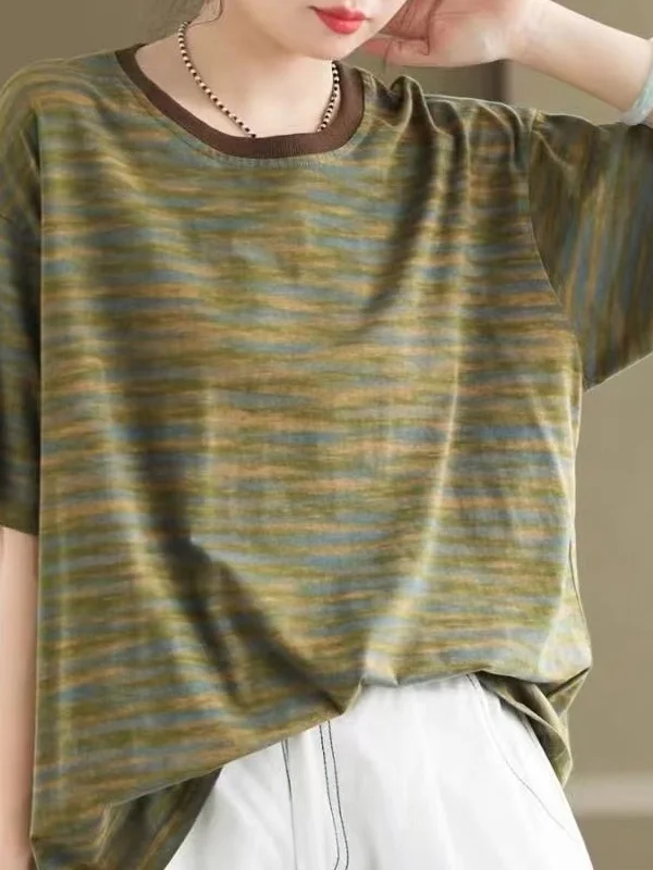 الرجعية مخطط القطن ort Sve تي شيرت المرأة عادية فضفاض صالح التخسيس الفني الأعلى الكورية Sle جولة Ne المحملة #3