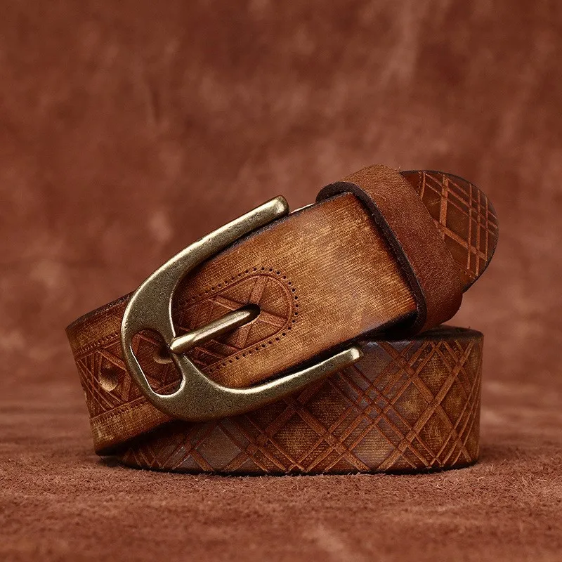38CM wide thickened extra thick diamond-shaped embossed belt men's leather top layer casual