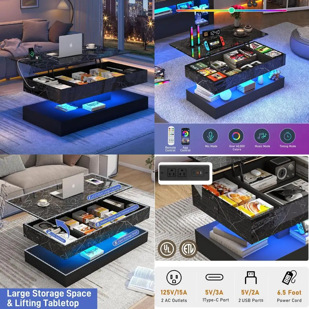 

Modern LED Coffee Table with Lift Top, Charging Station, and Hidden Storage