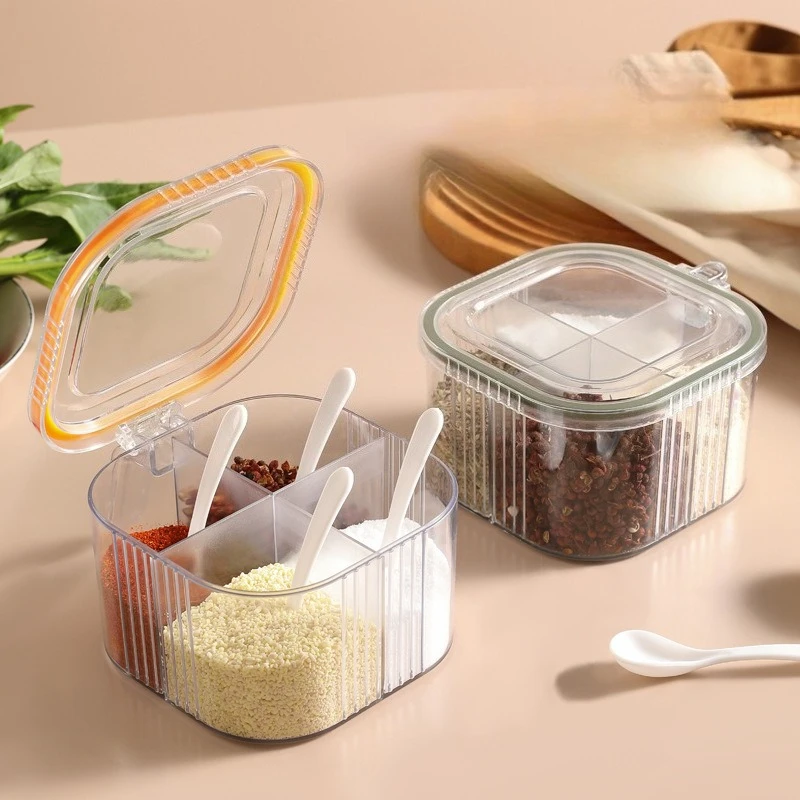 Multi Compartment Spice Storage Box with Spoon Sealed Design Moisture Proof Seasoning Container