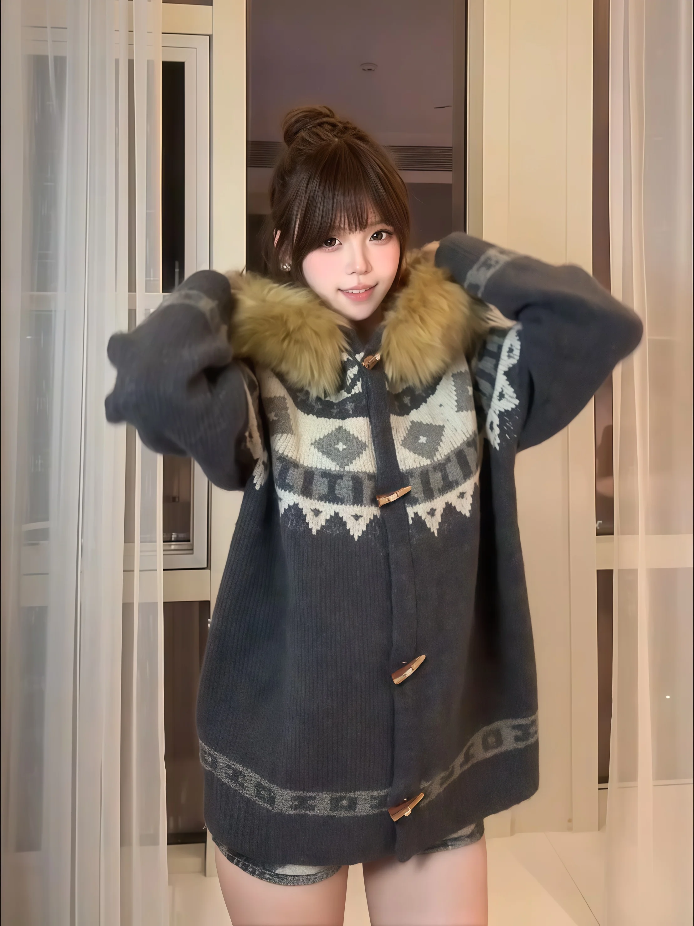 

Ретро-свитер в американском стиле Fair Isle с капюшоном, утепленный, вязаный, зимняя верхняя одежда с меховым воротником, комфортный, мягкий трикотаж