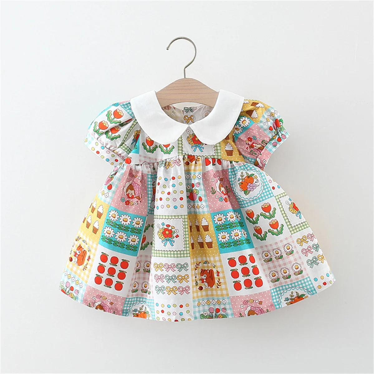 Girls' Summer Princess Dress Bubble Sleeve Doll Neck A-Line Skirt Colorful Plaid Printed Casual Party Wear