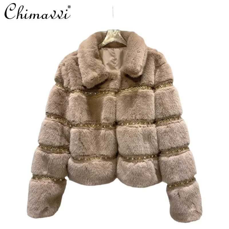 2024 Winter New Solid Color Lapel Gold Beads Beads Environmentally Friendly Artificial Fur Fur Jacket For Women