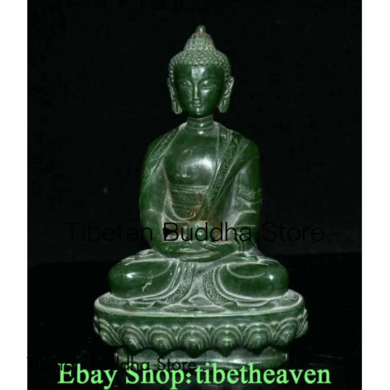 

8" Rare Old Chinese Green Jade Carving Feng Shui Shakyamuni Buddha Jar Sculpture