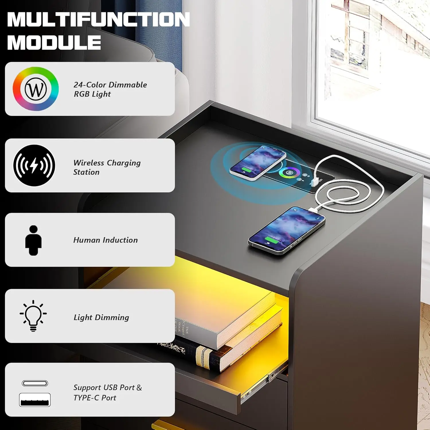 2 Set RGB Nightstand with Wireless Charging Station and USB Ports Auto Sensor LED 24 Color Dimmable for Bedroom Furniture