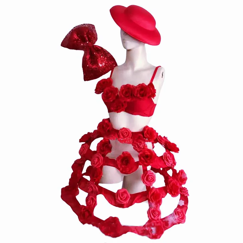 Valentine\'s Day Costume Red Rose Flower Tiered Skirt Dance Outfit Adult Carnival Party Bar Nightclub Performance Sexy Stage Wear