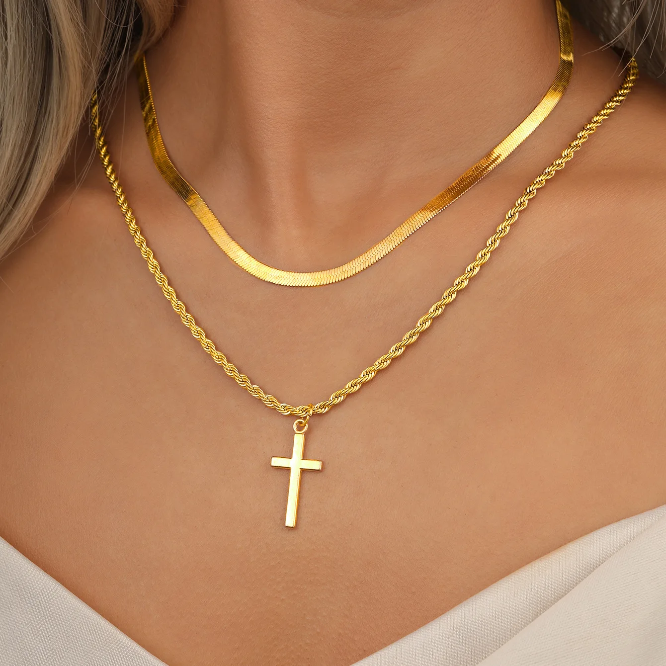 Fashion Cross Stainless Steel Necklace For Men Gold Color Crucifix Pendant Twisted Rope Snake Chain Women Party Jewelry