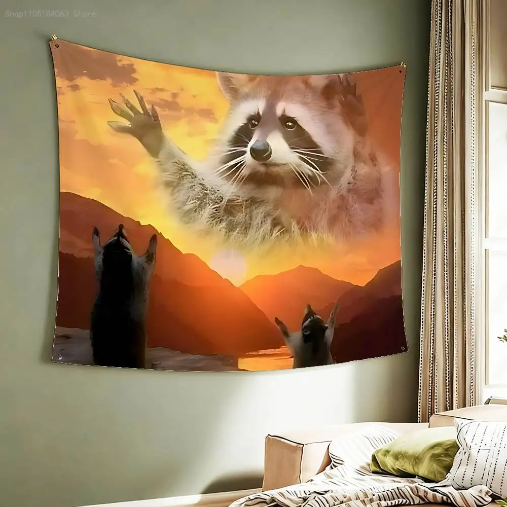 Interesting Vibrant Raccoon Sunset Flag Tapestry Banner For Bedroom Outdoor Living Room Restaurant Bar Wall Decor Party
