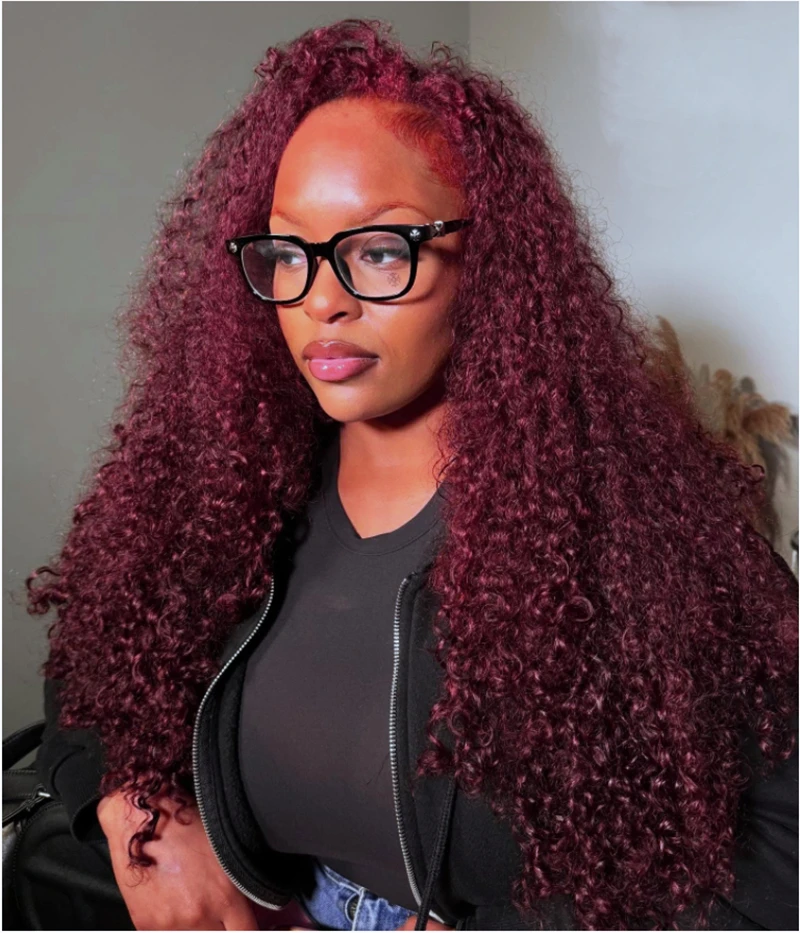 

13x4 HD Парики из натуральных волос на кружеве 99J Бордовый вьющийся парик на фронтальной части красного вина Предварительно выщипанный парик из бразильских волос с глубокими волнами