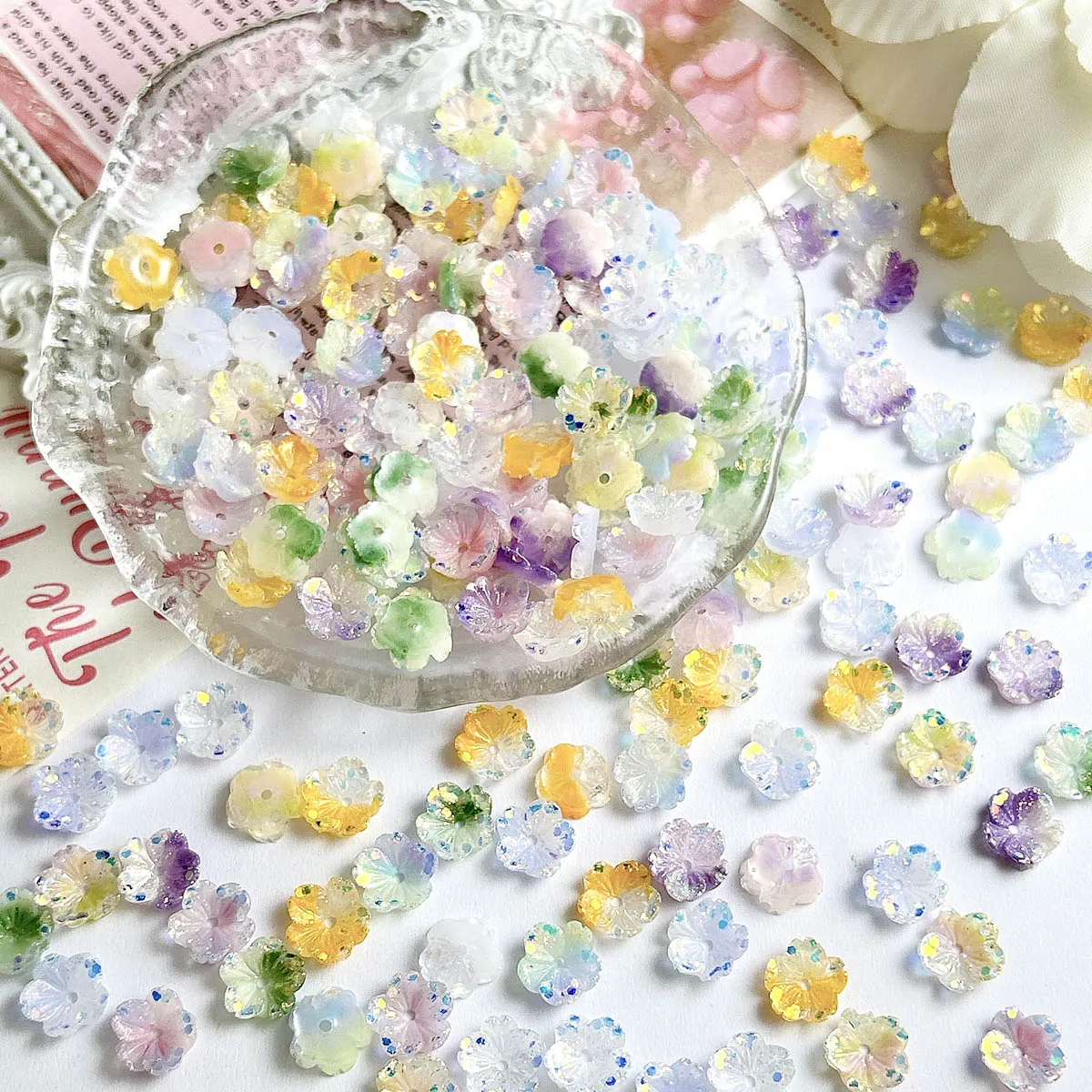 

New Gradient Colored Small Flower Resin Nail Charms 3D Luminous Shining Perforated Blossoms Nail Art Decorations DIY Fairy Nails