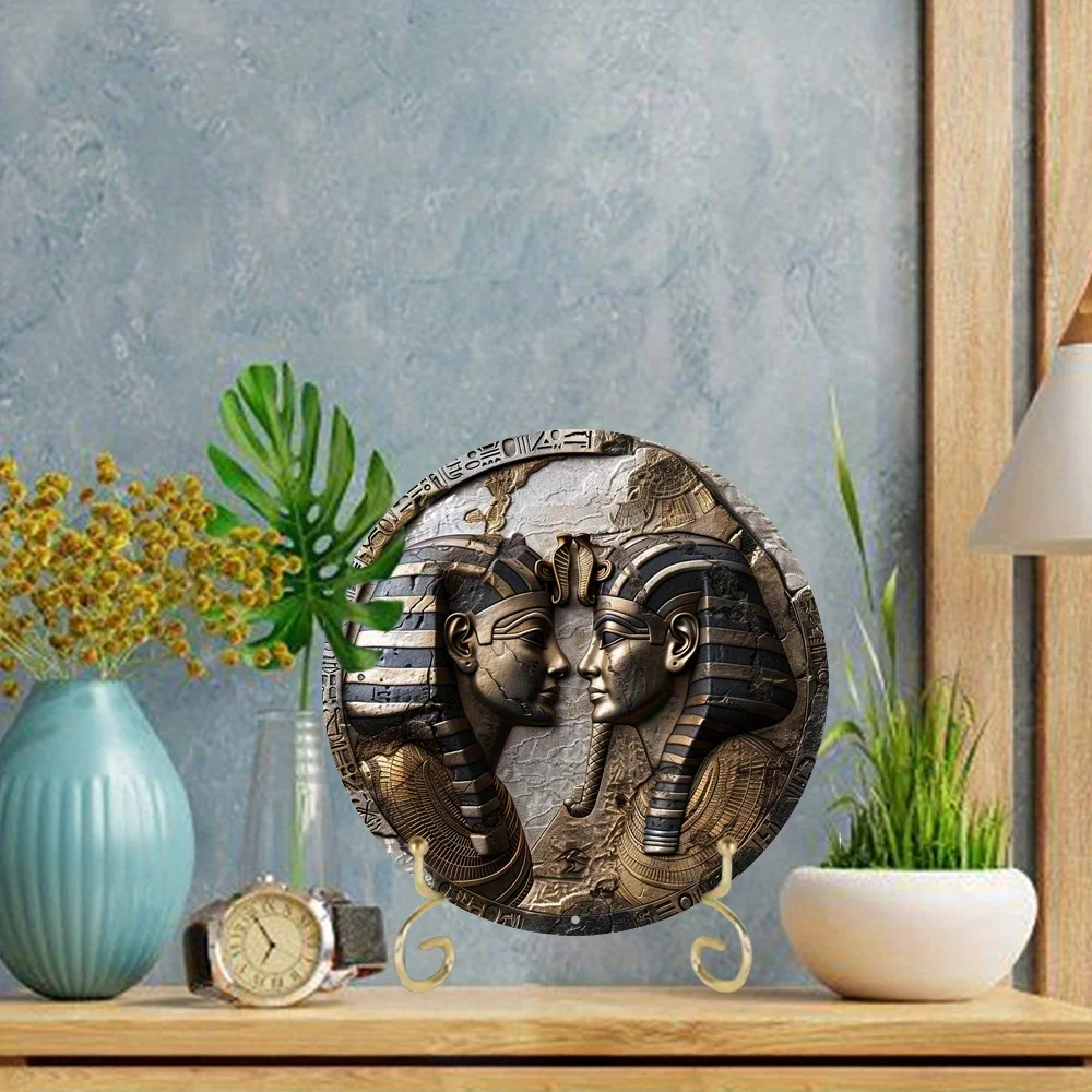 2D Flat Print, Egyptian Mythology Themed Sign, Round Aluminum Metal Decor Sign, for Home, Cafe, Wall Decoration, Holiday Gift