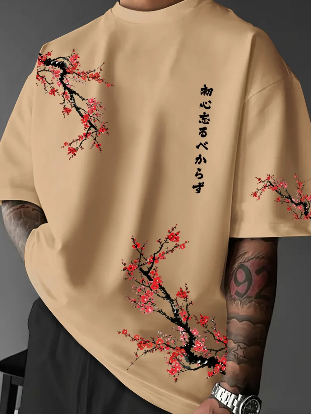 Harajuku Schönes Kirschblütenmuster 3D-Druck Atmungsaktives, schnell trocknendes Herren-T-Shirt für den Straßen- und Outdoor-Bereich, lässige Eltern-Kind-Kleidung – Detail 3