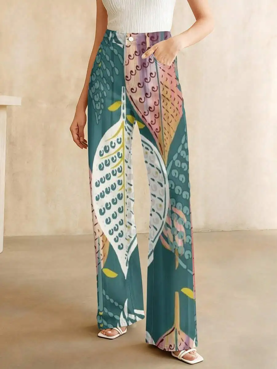 

Womens High-Rise Wide-Leg Denim Trousers With Abstract Leaf Print Pattern, Casual Elegant Pants For Spring Summer