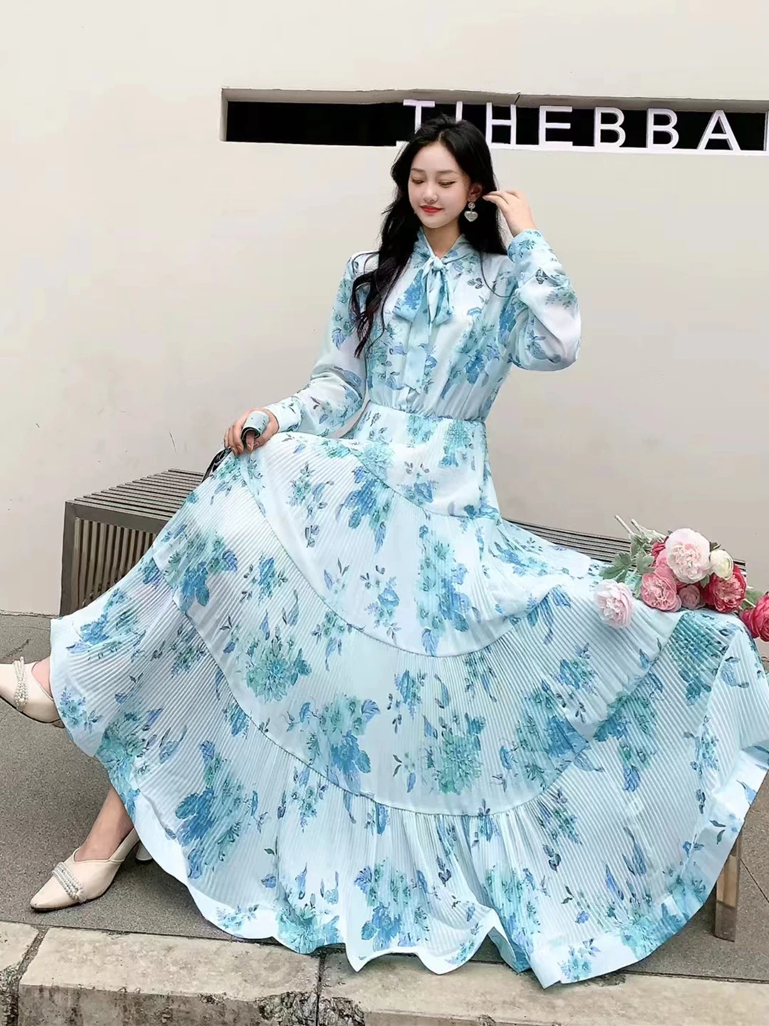 2024 New Spring Autumn Women Bow Collar Long Sleeve Belt Slim Long Dress Sweet Pleated Ruffles Big Hem Chiffon Floral Dress