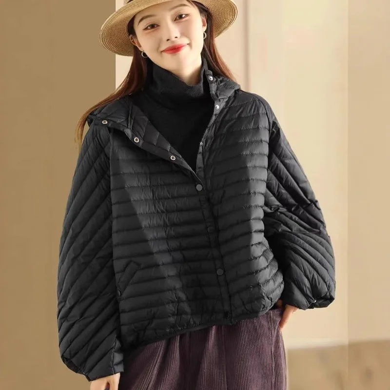 Women's White Duck Down Lightweight Down Jacket Hooded Jacket Short Jacket Short Style Winter New Style Retro Literary Loose Fit