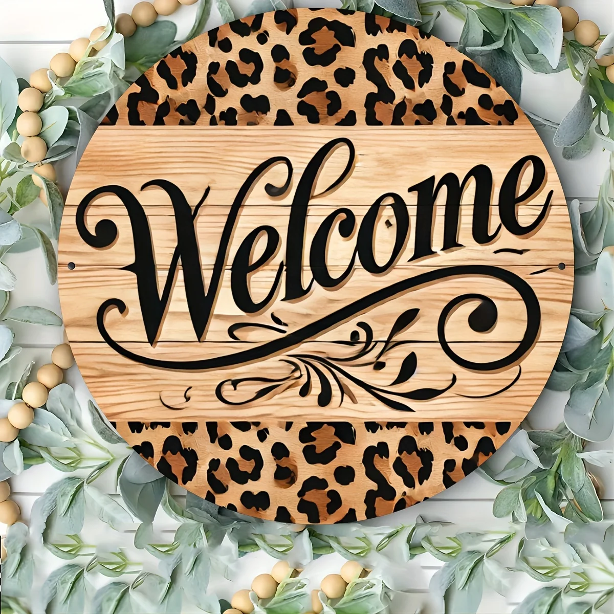 2D Flat, 1pc Vintage Aluminum Leopard Print Welcome Sign - 7.87x7.87 Inch Round Wall Hanging Plaque with Elegant Cursive Letteri