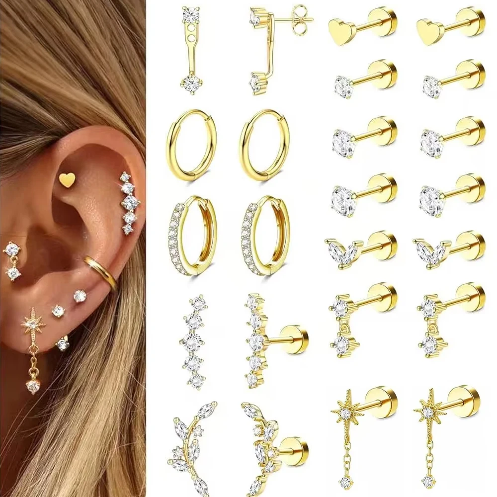 Hypoallergenic Flat Back Earrings Women Surgical Steel Hoop Earrings Sets Helix Tragus Conch Daith Multiple Ear Piercing Jewelry