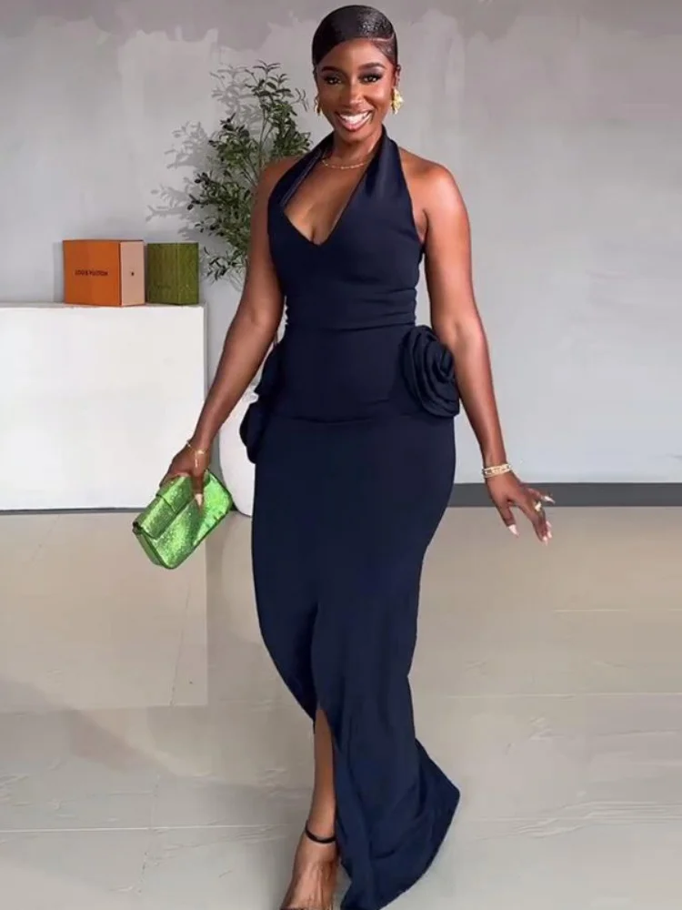 Irmã estrela moda sexy elegante estereoscópico flor dividir vestidos longos atacado boate festa temperamento vestidos de viagem