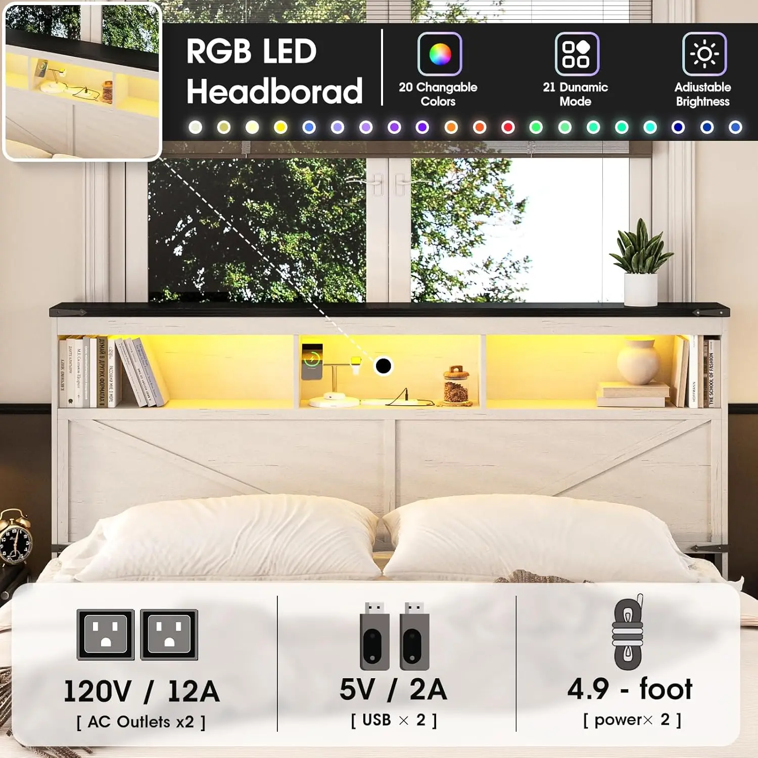 Queen Bed Frame w/3-Tier Storage Headboard, 4 Transparent Storage Drawers, Farmhouse Metal Platform Bed Frame w/Charging Station