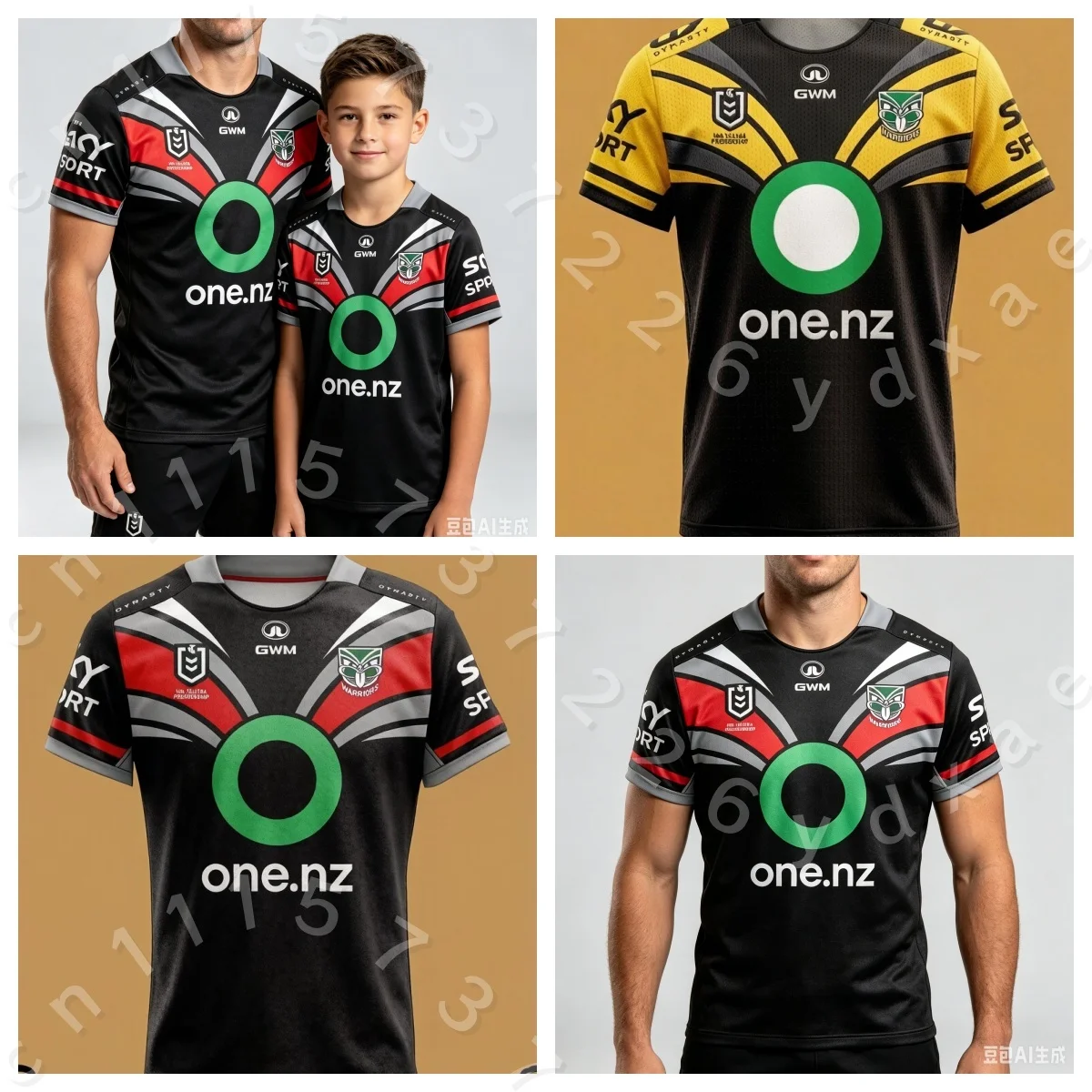 Parent Kid NZ Local Rugby Team Inspired Jersey Black Red Gray Geometric Print Breathable Mesh Fan Sports T-shirt