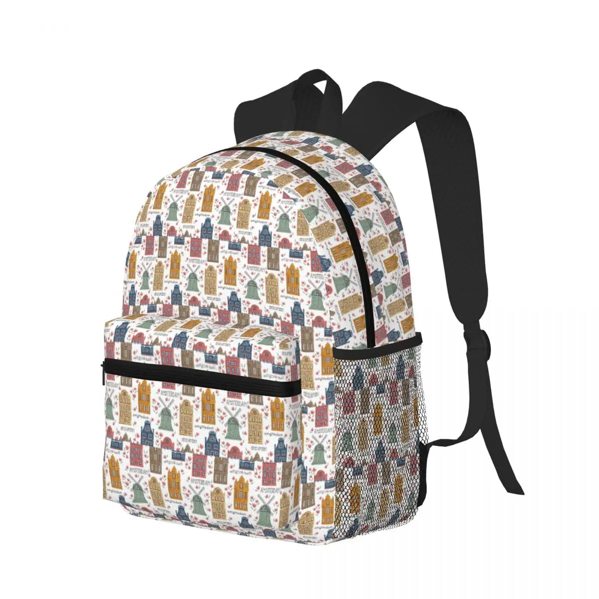 Amsterdam. Seamless Pattern With Old Historic Buildings Student Backpack School Bag Hiking Travel Daypack Bookbag Shoulder Bags