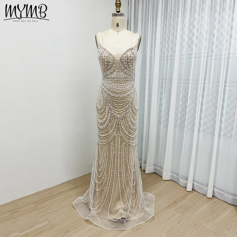 MYMB Stunning Spaghetti Strap Mermaid Evening Party Dress Arabic Luxury Pearls Lace Up Back Wedding Guest Gown Customize MY30128
