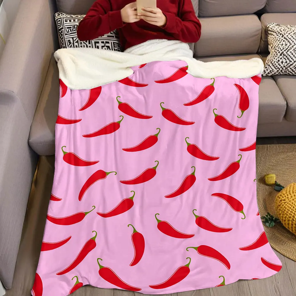 Pink Base Red Chili Flannel Blanket Warm Soft Halloween Christmas Decorative Couch Warm Cozy All-Season Gift
