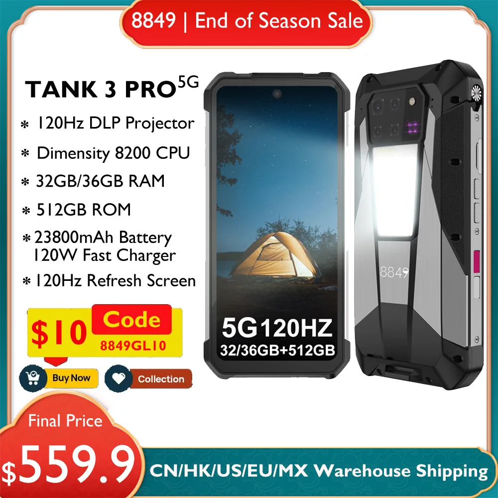 8849 Tank 3 Pro by Unihertz Rugged Smartphone 5G with 100 Lumens Projector 36GB 512GB 23800mAh 200MP  Cell Phones