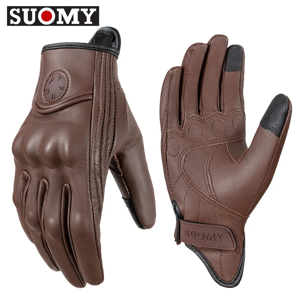 SUOMY Motorcycle Gloves Brown Vintage Leather Men Women Motorbike Riding Gloves Perforated Motocross Moto Racing Biker Gloves