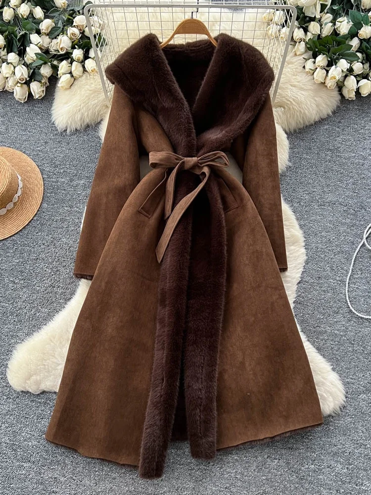 

Ele Woolen Coat Women's Faionable Commute Long Waist-Cinching Lapel Tie Belted Luxury Mid-Length Overcoat