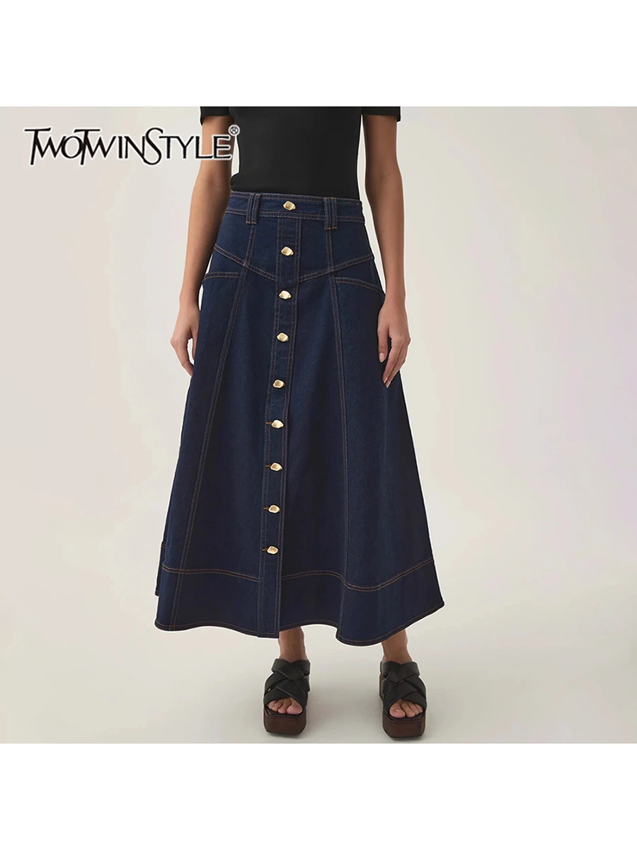 

TWOTWINSTYLE однотонные однобортные модные ковбойские юбки для женщин с высокой талией в стиле пэчворк яркая линия элегантная женская юбка