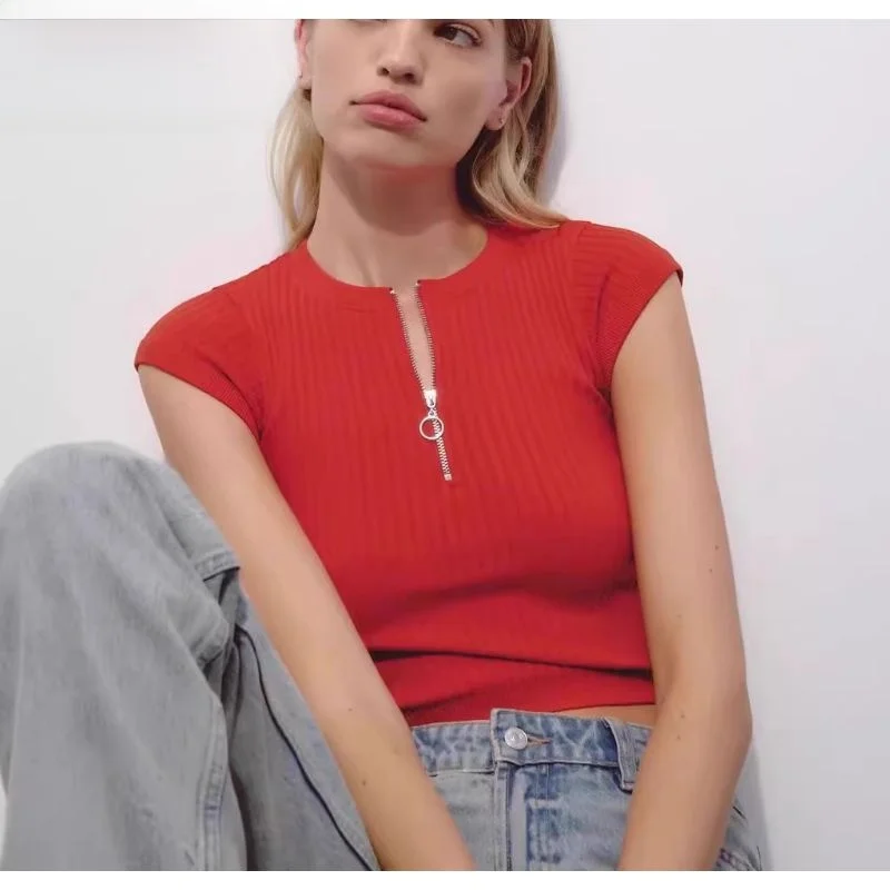 

Новая женская летняя модная футболка 2024 года с коротким рукавом, дышащая, из тонкой ткани, на молнии, из полиэфирного волокна, стандартного кроя.