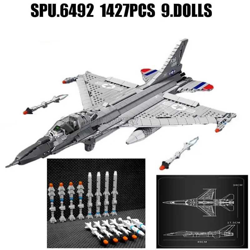 88013 1427pcs Military F16 Falcon Fighter Aircraft Missile 9 Dolls Army Weapon Boy Building Block Toy