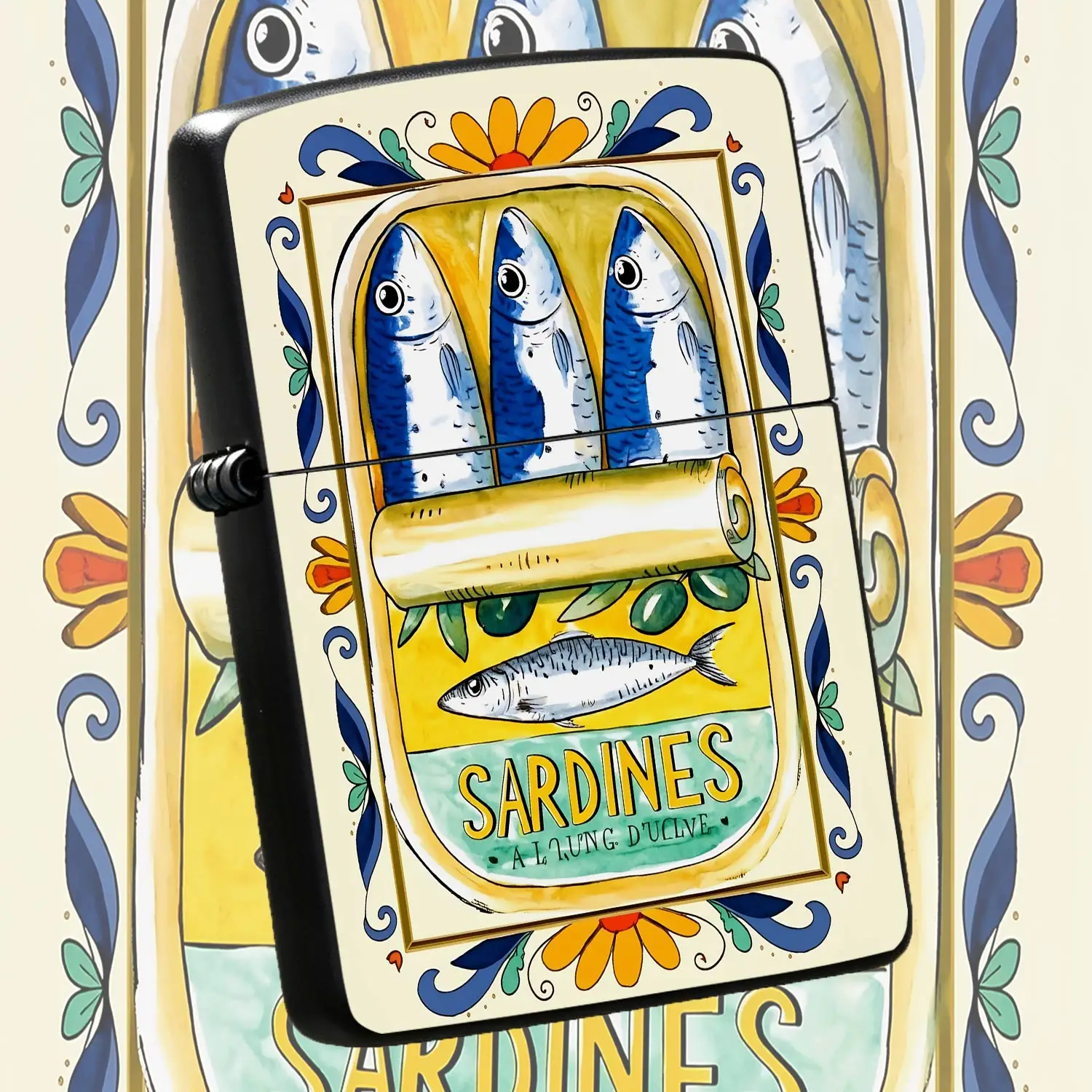 Vintage Watercolor Sardines Pattern Portable Lighter, Ornate Floral Border Decor Creative Design, Compact Easy-Carry Daily Use Accessory, Unique Fun Gift For Friends And Hobbyists, Retro Aesthetic Personalized Novelty I A Humorous And Inter