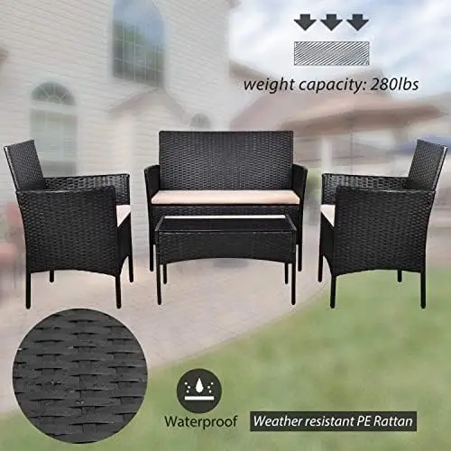 4 Pieces Rattan Patio Furniture Set, Outdoor Indoor Use (Black Beige)