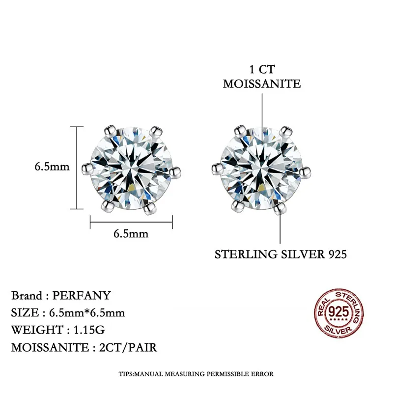 PERFANY 0.2CT-2CT Moissanite Earrings for Women S925 Pure Silver Screws Laboratory Certified Diamond Earrings Wedding Jewelry
