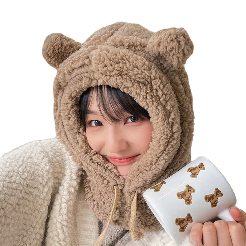 Gorro con orejas de oso de dibujos animados para mujer, gorro con máscara, protección cálida para las orejas, gruesa, para Otoño e Invierno