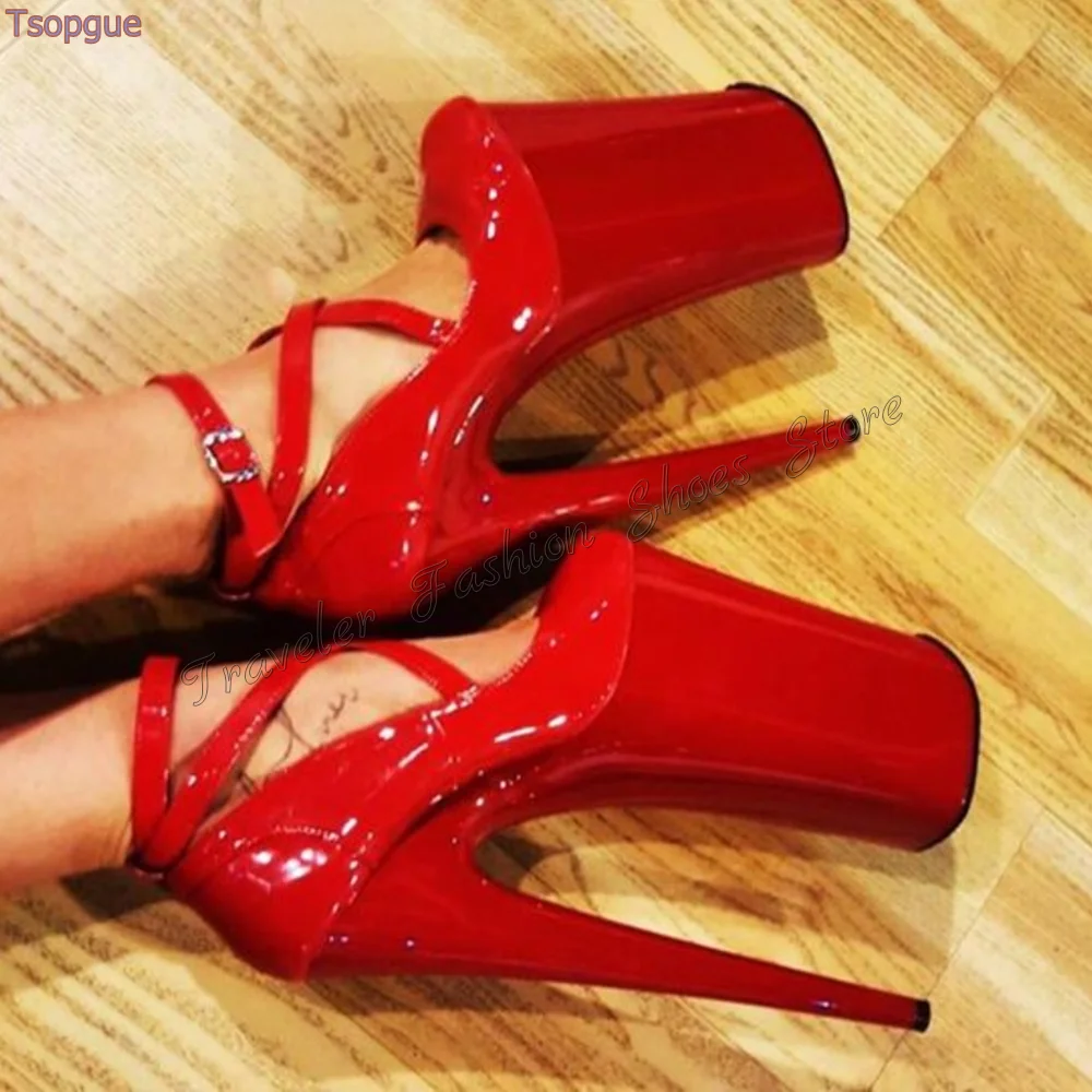 

Red Platform Ankle Buckle Pumps Stilettos High Heels Patent leather High Heel Shoes for Women Heels 2024 New Zapatos Para Mujere