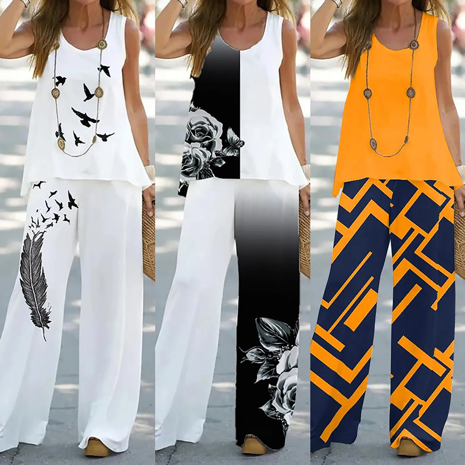 Casual Sleeveless Print Tank And Pant Sets Women 2024 Summer Boho O-neck Top 2 Piece Sets Women Outfit Elegant Vintage Pants Sui