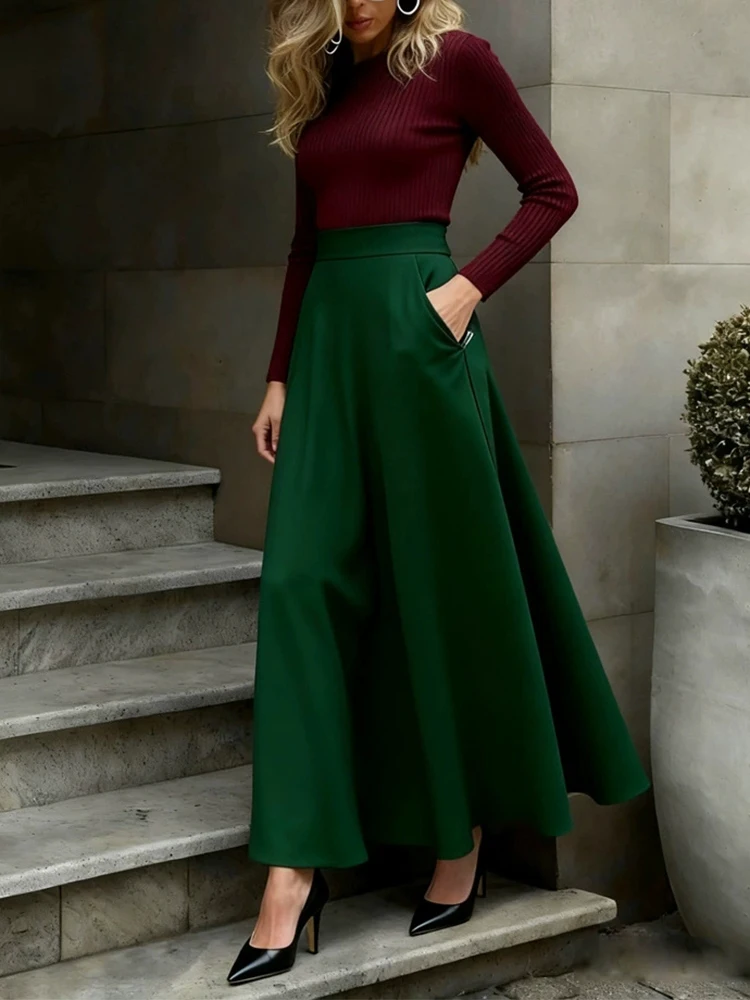 

Casual fashion new style temperament street daily solid color long skirt elegant and simple elastic waist skirt
