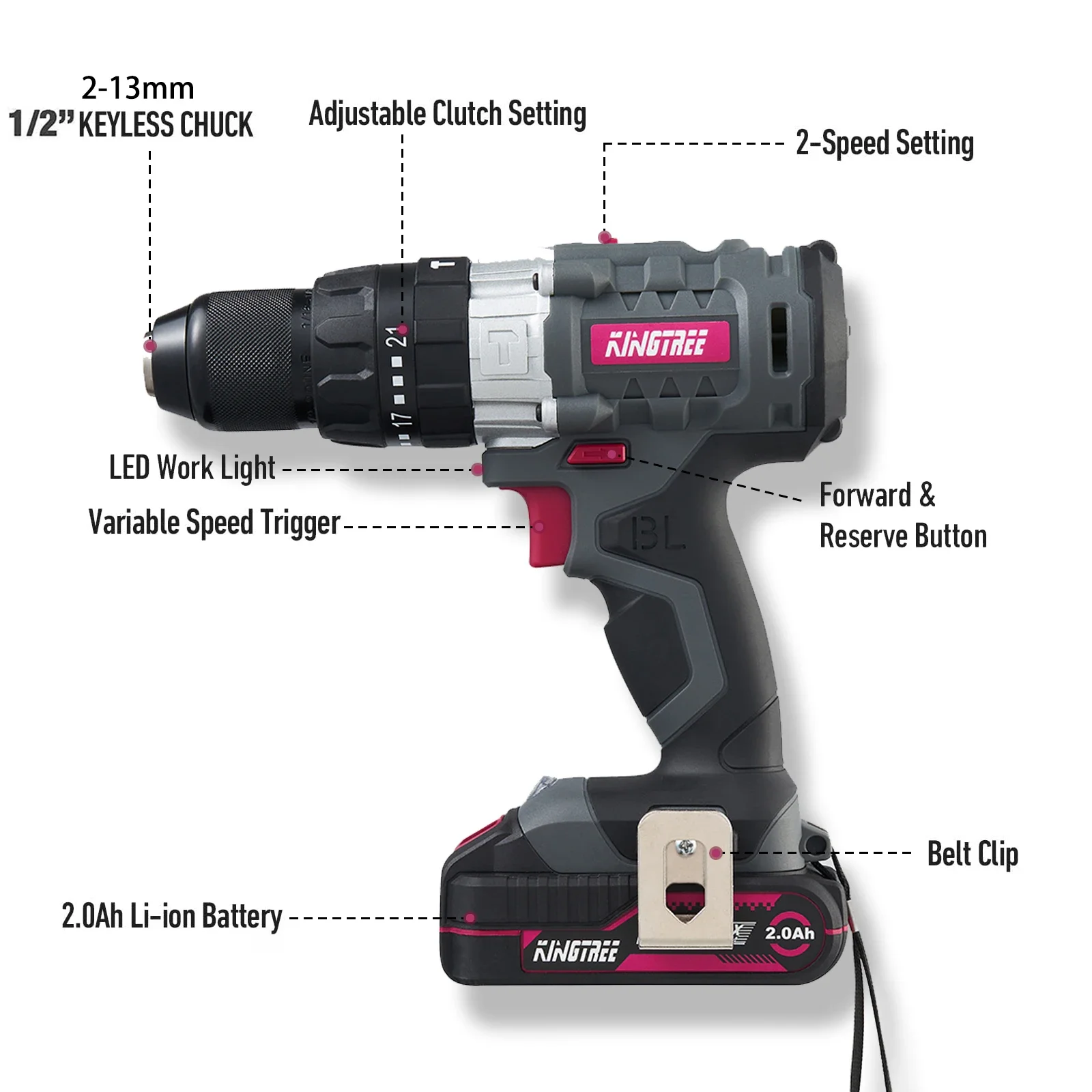 Kingtree Electric 20V brushless Drill two speed 60 Gears of Torques Woodworking Tool Home DIYs suit for Makita Battery