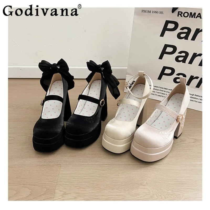 Thick Soled High Heeled JK Shoes Women Mary Jane French Bow Lolita Shoes Girls Waterproof Platform Chunky Heel Single Shoes