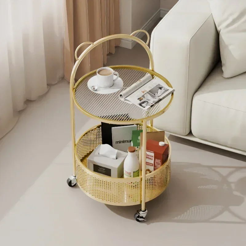 Household Living Room Snack Rack Movable with Roller High-Profile Figure Double Layer Small round Table Side Table