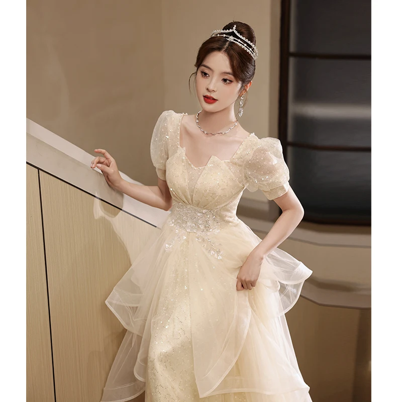 

Champagne Color Evening Gown Women's Ele Ball Dr Host aduation Ceremony Soft Net Fabric Bubble Sve Long Skirt