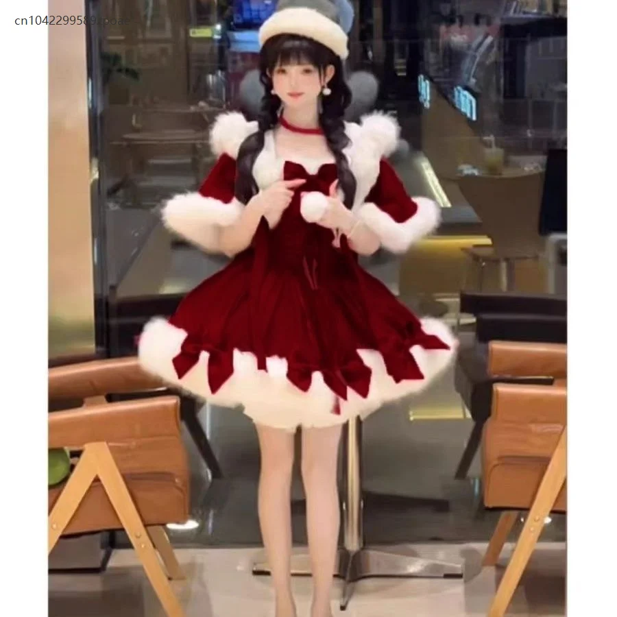 

Japanese Christmas Winter Red Lolita Princess Puffy Dress Christmas New Year Party Cosplay Maid Costume Performance Costume